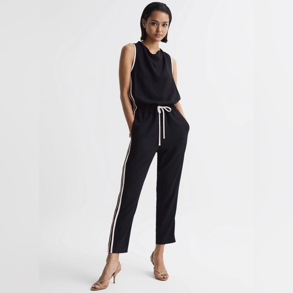 Reiss Tyla Side Striped Jumpsuit Navy. Blue and White Open Back Tie Waist Size 8